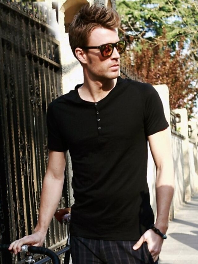  O-Cou de Viishow Hommes Casual Noir coton à manches courtes T-shirt TD01422