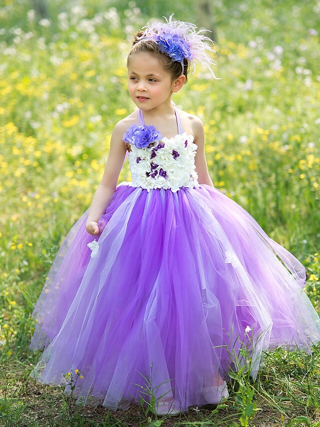  Ball Gown Floor Length Flower Girl Dress - Silk / Tulle Sleeveless Halter Neck with Appliques by LAN TING BRIDE® / Summer / Fall