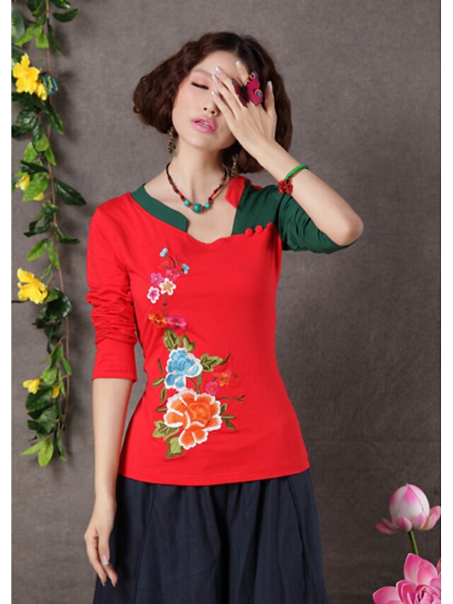  TS Ethnic Chinese Style Embroidery Contrast Color Halter T-Shirt Top