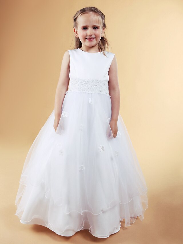  A-Line / Princess Floor Length Flower Girl Dress - Satin / Tulle Sleeveless Jewel Neck with Beading / Appliques / Bow(s) by LAN TING BRIDE®