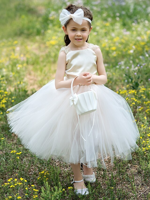  Ball Gown Tea Length Flower Girl Dress Wedding Party Cute Prom Dress Satin with Fit 3-16 Years