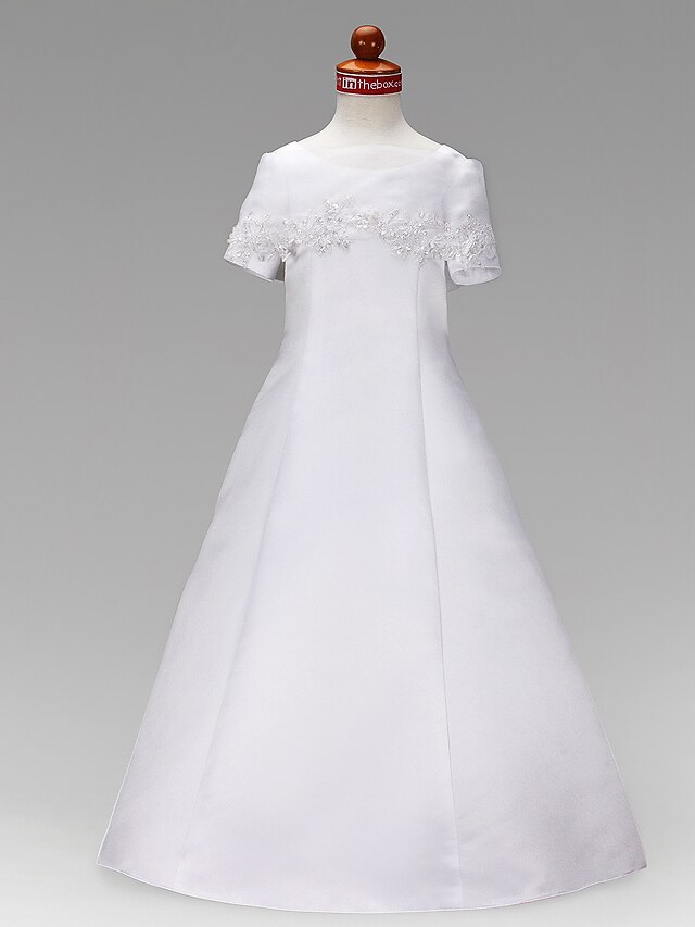  Princess / A-Line Floor Length Wedding / First Communion Flower Girl Dresses - Satin Short Sleeve Jewel Neck with Beading / Appliques / Spring / Summer / Fall / Winter