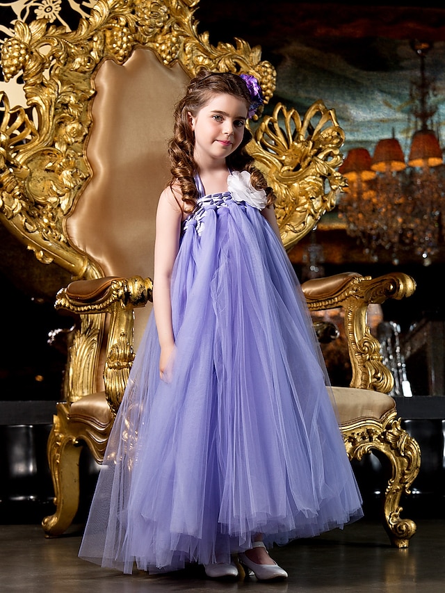  A-Line / Princess Floor Length Flower Girl Dress - Tulle Sleeveless Straps with Beading / Flower by LAN TING BRIDE®