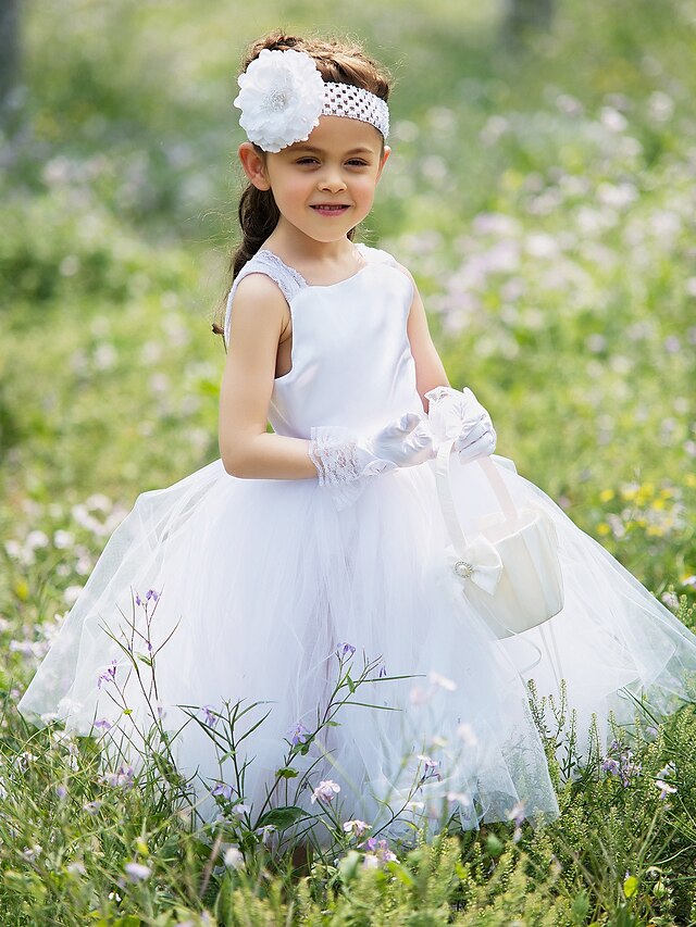  Ballkleid Tee-Länge Blumenmädchenkleid Hochzeitsfeier Süßes Ballkleid Satin mit Spitze Fit 3-16 Jahre