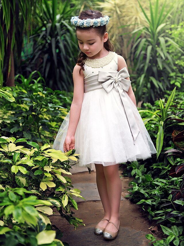  Prinzessin Knie-Länge Blumenmädchenkleid Süßes Ballkleid Satin mit Schleife(n) Fit 3-16 Jahre