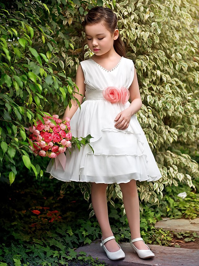  Prinzessin Knie-Länge Blumenmädchenkleid Süßes Ballkleid Satin mit Blume Fit 3-16 Jahre