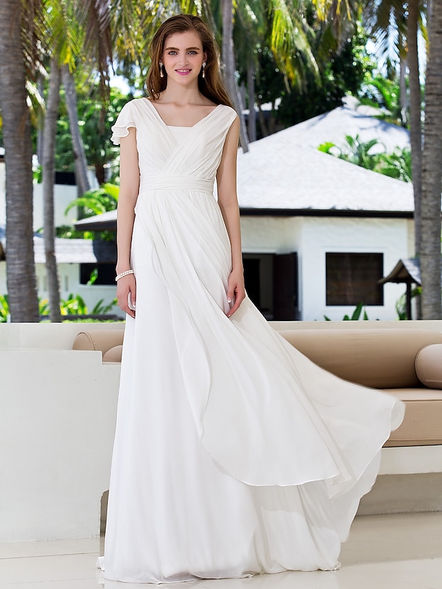  A-Line V Neck Sweep / Brush Train Georgette Made-To-Measure Wedding Dresses with Sash / Ribbon / Criss-Cross by LAN TING BRIDE®