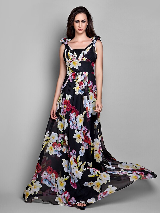  Sheath / Column Floral Dress Formal Evening Floor Length Sleeveless V Neck Chiffon with Bow(s) Side Draping 2023