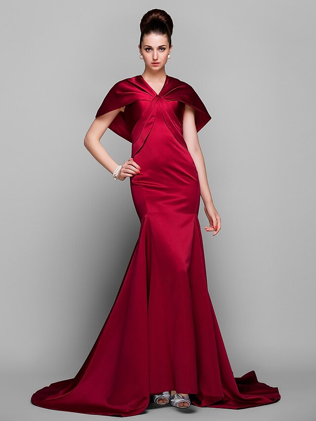  Mermaid / Trumpet Elegant Vintage Inspired Formal Evening Dress V Neck Short Sleeve Court Train Satin with Side Draping 2020