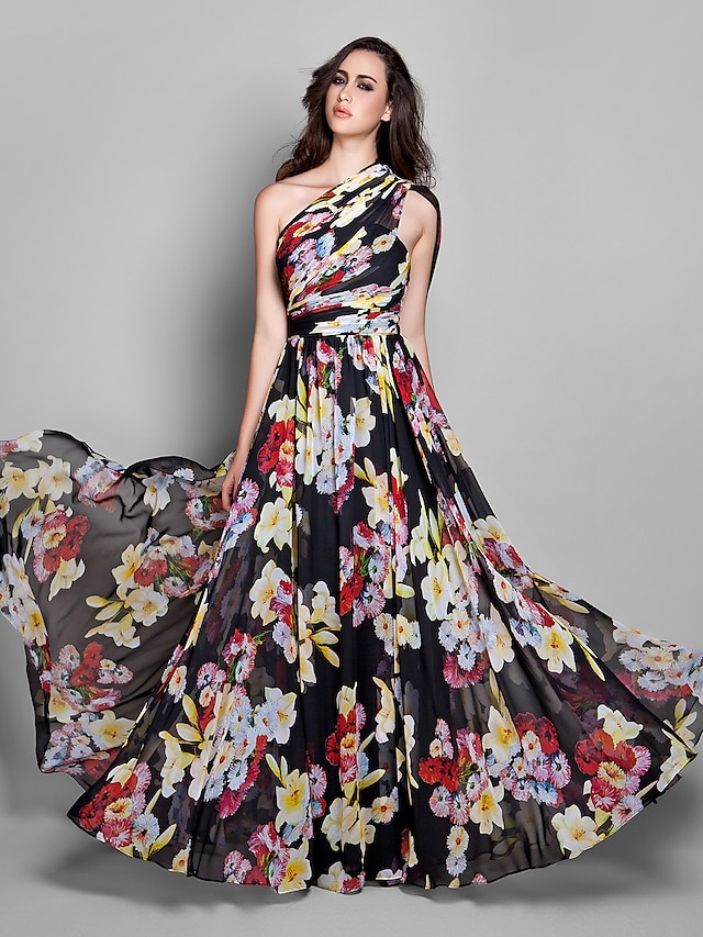  A-Line Elegant Floral Holiday Formal Evening Dress One Shoulder Sleeveless Floor Length Chiffon with Ruched Pattern / Print 2021