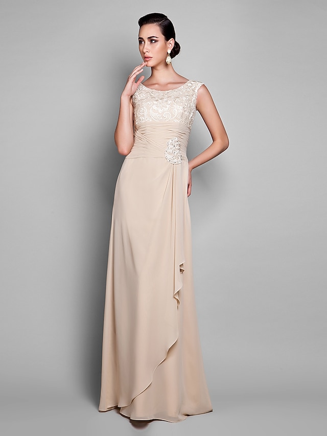  Sheath / Column Elegant Dress Wedding Guest Formal Evening Floor Length Sleeveless Jewel Neck Chiffon with Draping Lace Insert 2023