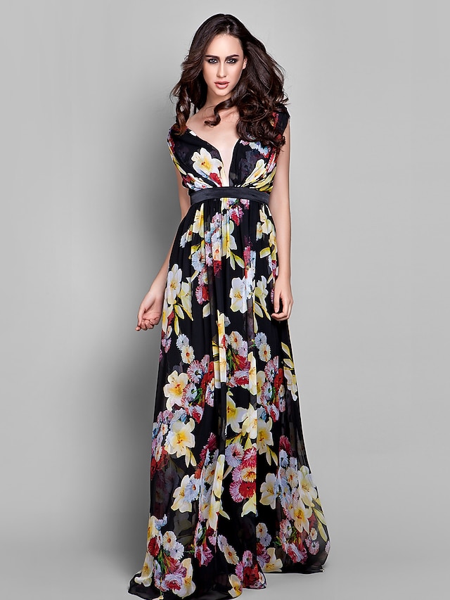  Sheath / Column Special Occasion Dresses Floral Dress Formal Evening Floor Length Sleeveless V Neck Chiffon with Side Draping 2023