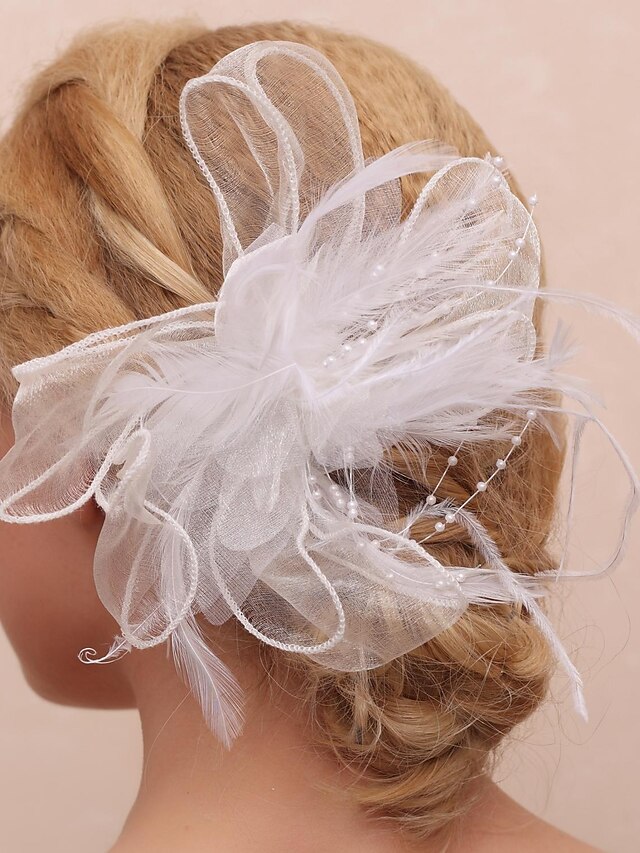  Women's Flower Girl's Feather Tulle Imitation Pearl Headpiece-Wedding Special Occasion Outdoor Flowers