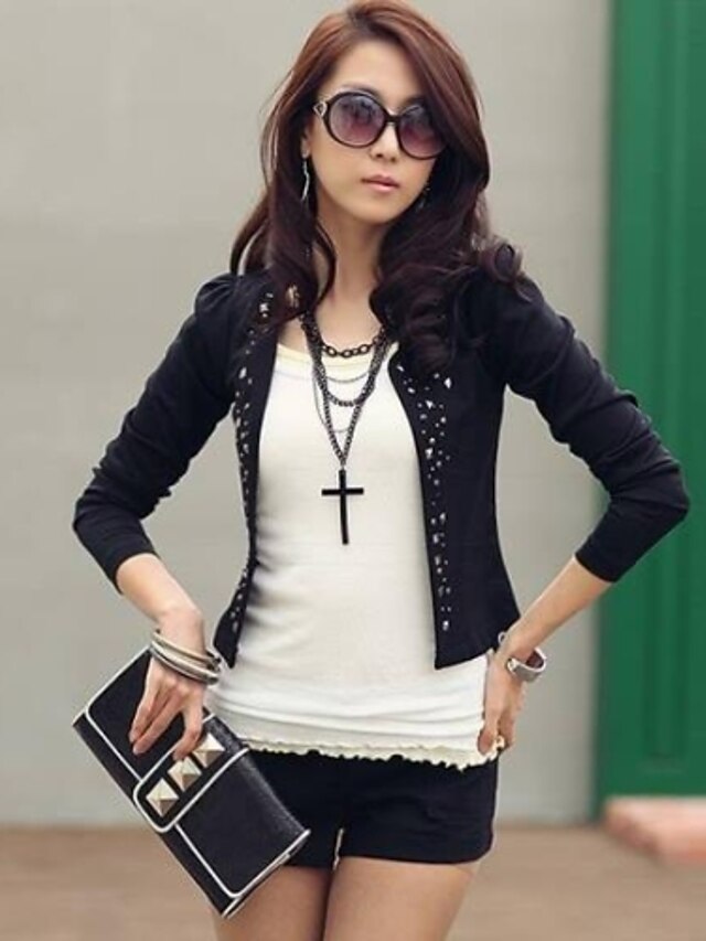  Women's Solid Black/White Jackets,Casual Long Sleeve Rivet