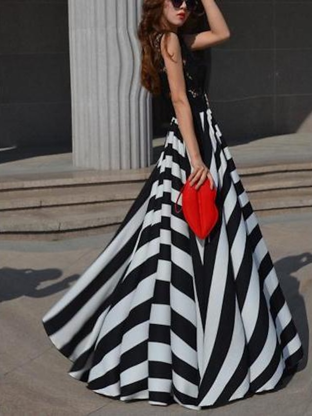  Women's Sexy Dress,Striped Maxi Sleeveless Summer Micro-elastic Thin