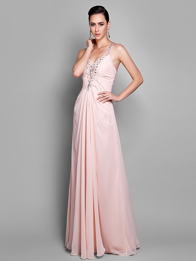  Sheath / Column Spaghetti Strap Floor Length Chiffon Beautiful Back / Pastel Colors Prom / Formal Evening Dress 2020 with Beading / Side Draping / Ruched