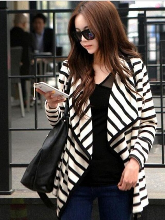  Women's Casual/Daily Simple Spring / Summer / FallStriped Asymmetrical Long Sleeve White Thin