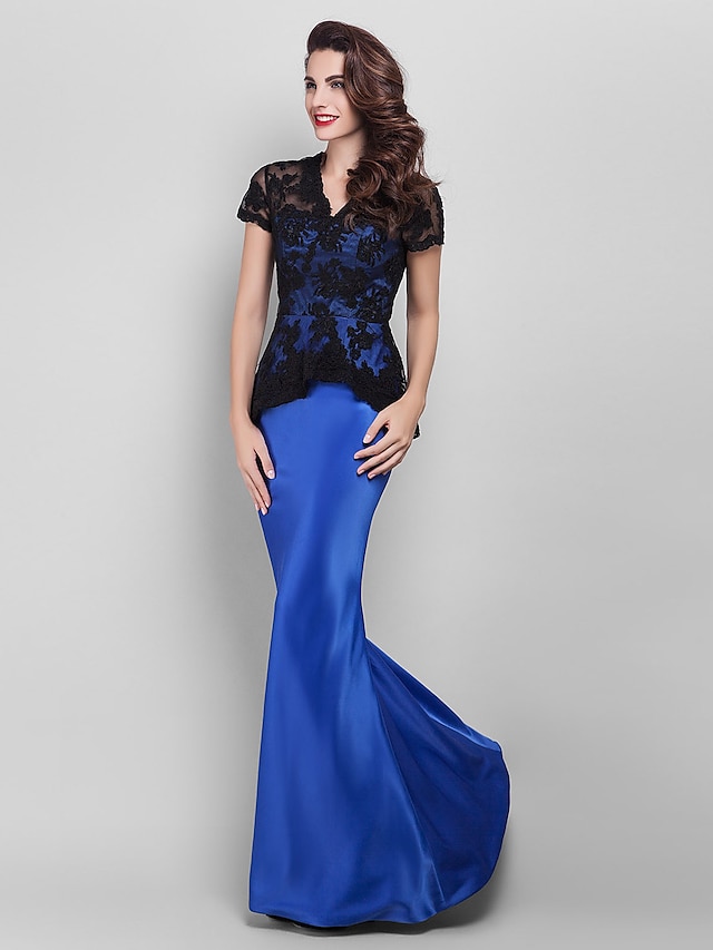  Mermaid / Trumpet Dress Holiday Cocktail Party Floor Length Short Sleeve V Neck Satin with Lace Appliques 2024