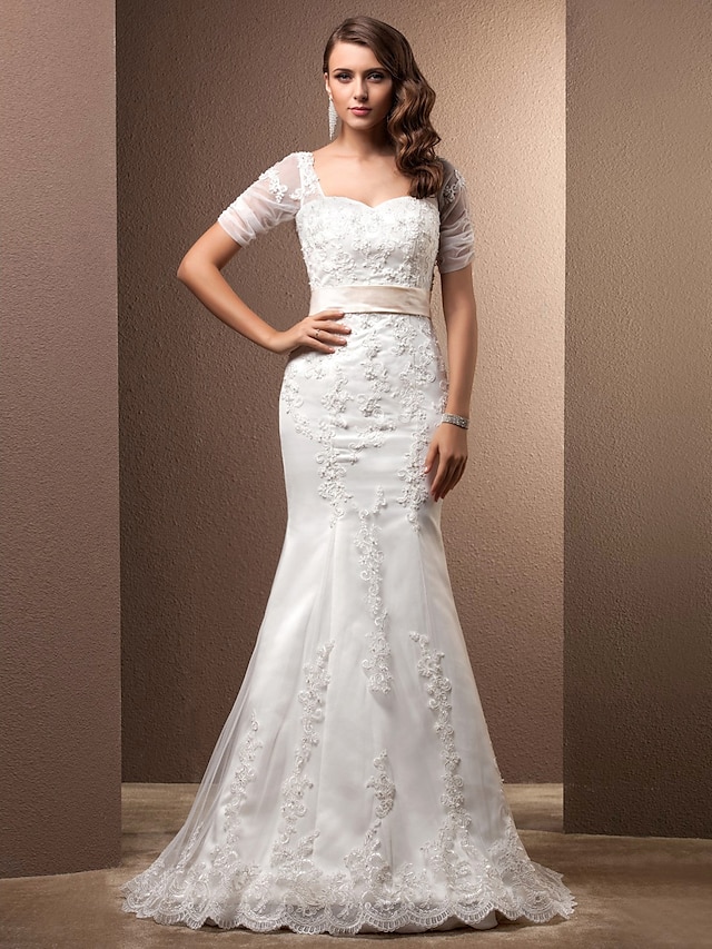  Mermaid / Trumpet Sweetheart Neckline Sweep / Brush Train Lace Made-To-Measure Wedding Dresses with Beading / Appliques / Sash / Ribbon by LAN TING BRIDE®