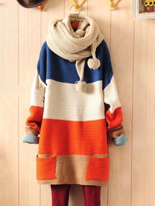  Women's Color Block Long Sleeve Loose Long Pullover Spring / Fall / Winter Cotton Orange / Gray One-Size