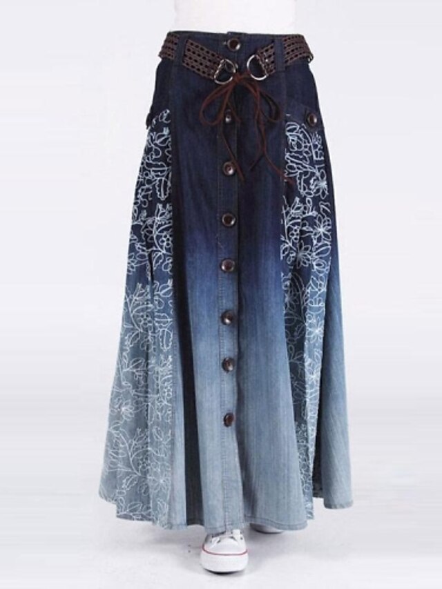  Women's Bohemia Vintage  Casual Button Jeans Long Skirt  (Belt Random)