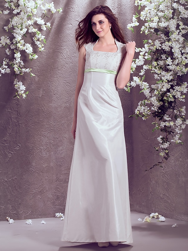  A-Line Square Neck Floor Length Taffeta Made-To-Measure Wedding Dresses with Lace / Sash / Ribbon by LAN TING BRIDE®