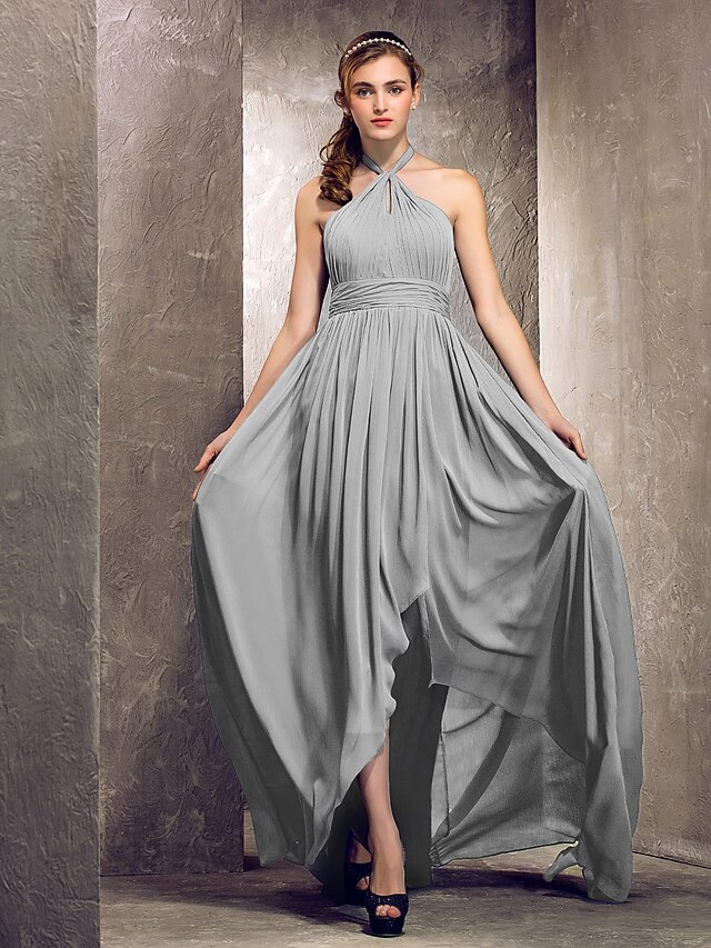  Sheath / Column Halter Neck Asymmetrical Chiffon Bridesmaid Dress with Side Draping / Ruched by LAN TING BRIDE®