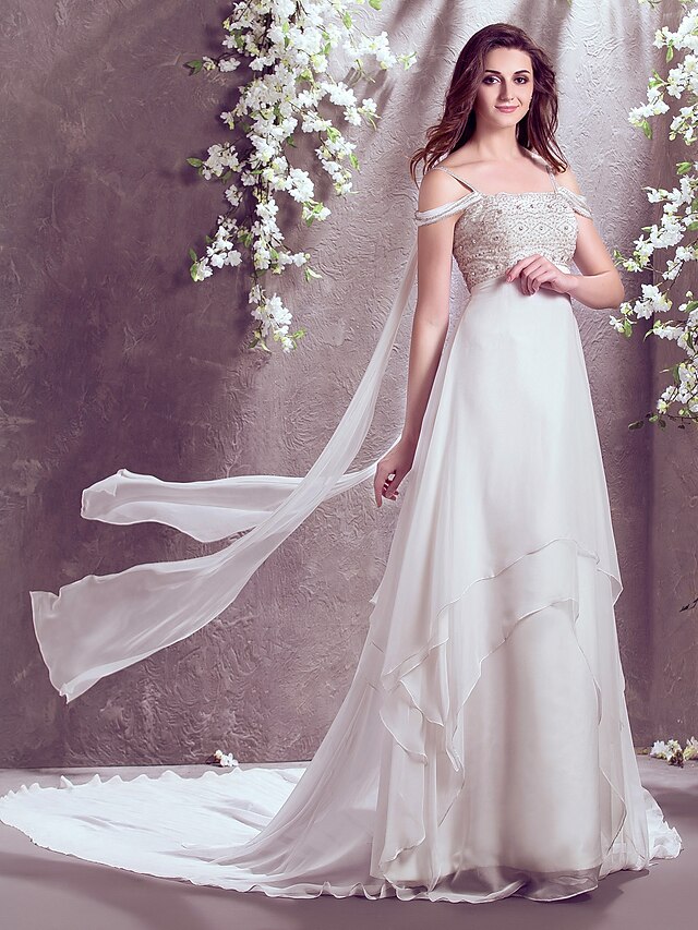  A-Line Off Shoulder Court Train Chiffon Made-To-Measure Wedding Dresses with Beading by LAN TING BRIDE® / Sparkle & Shine