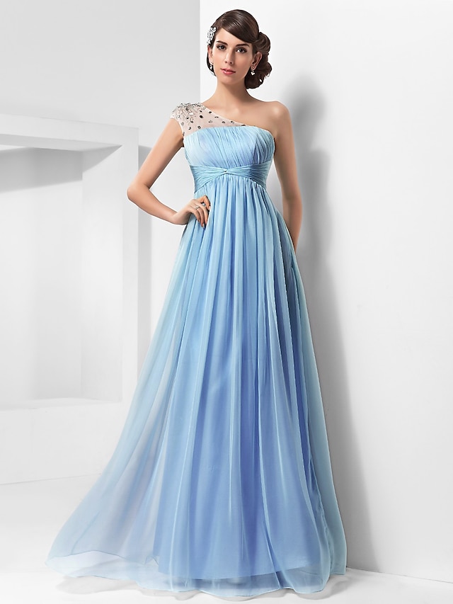  A-Line Elegant Dress Prom Formal Evening Floor Length Sleeveless One Shoulder Chiffon with Beading Draping 2023