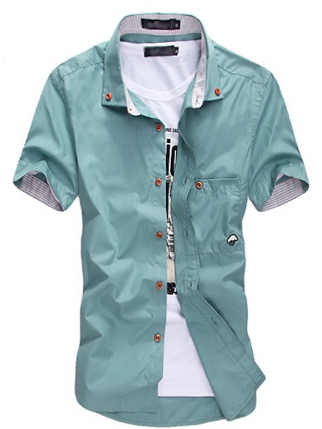  Men's Shirt Solid Colored Button Down Collar Wine White Black Light Green Navy Blue Short Sleeve Plus Size Daily Weekend Basic Slim Tops / Summer / Summer