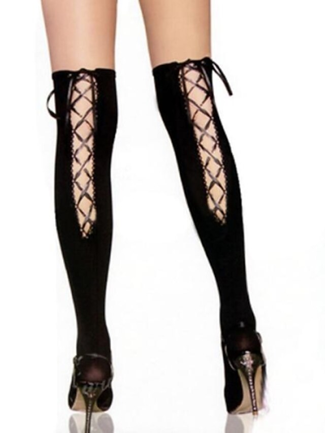  Women's Medium Sexy Stockings - Solid Colored, Bow Opaque Medium Knee Socks Thigh Highs Lace Up Black