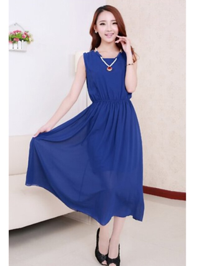  Women's Round Collar Solid Collor Sleeveless Maxi Dress 