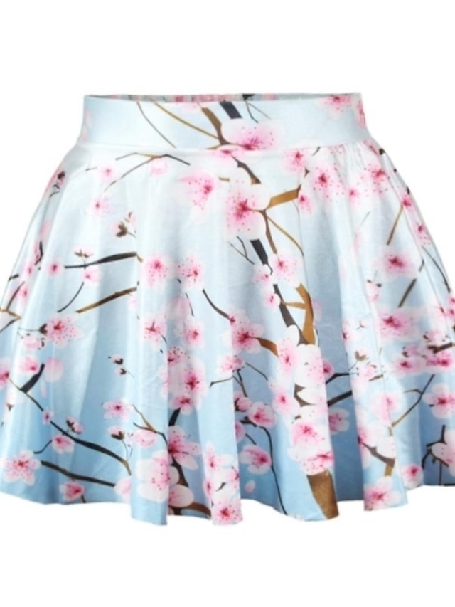  PinkQueen® Women's Spandex  Peach Blossom Printed Pleated Skirt