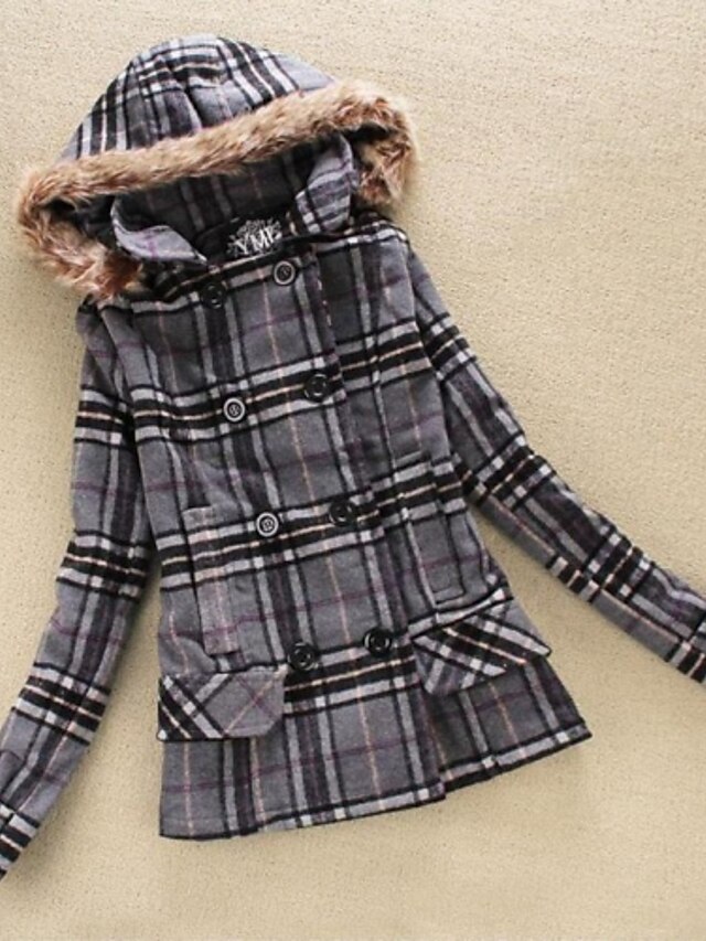  Women's Plus Size Coat,Plaid Long Sleeve Fall / Winter White / Gray Wool / Others Medium