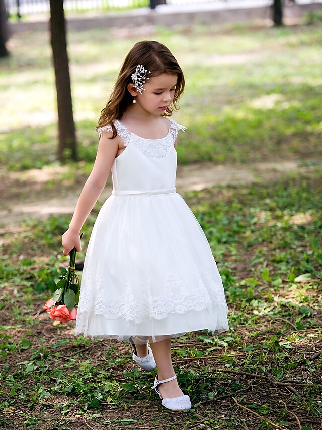  Princess Tea Length Flower Girl Dress - Satin Sleeveless Scoop Neck with Lace by LAN TING BRIDE®