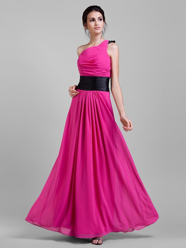  Sheath / Column Bridesmaid Dress One Shoulder Sleeveless Color Block Floor Length Chiffon with Sash / Ribbon / Pleats / Draping 2022