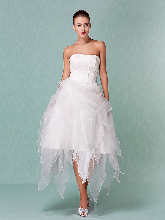  Salón Vestidos de novia Escote Corazón Asimétrica Organza Sin Tirantes Vestidos Blancos con Recogido 2020