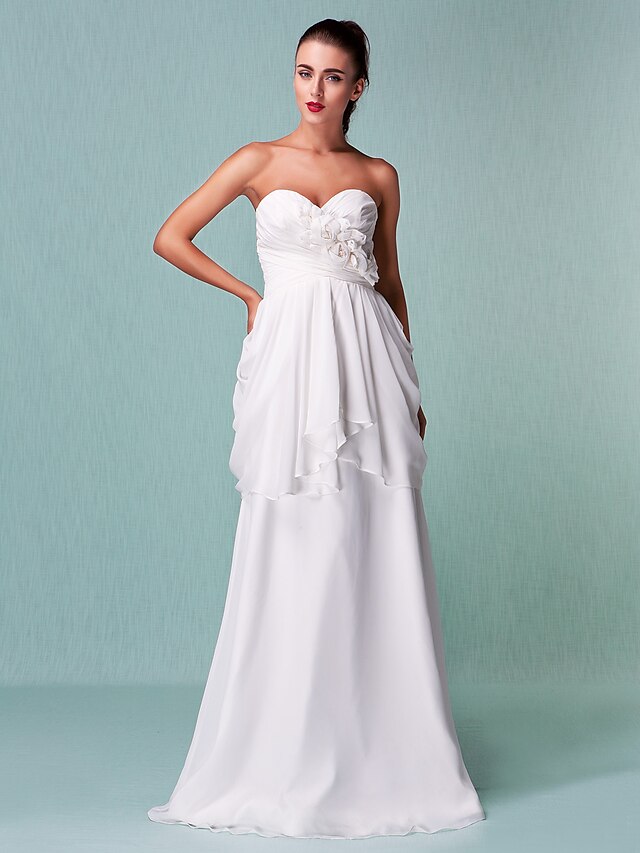  Sheath / Column Wedding Dresses Sweetheart Neckline Floor Length Chiffon Sleeveless with Flower Criss-Cross 2022