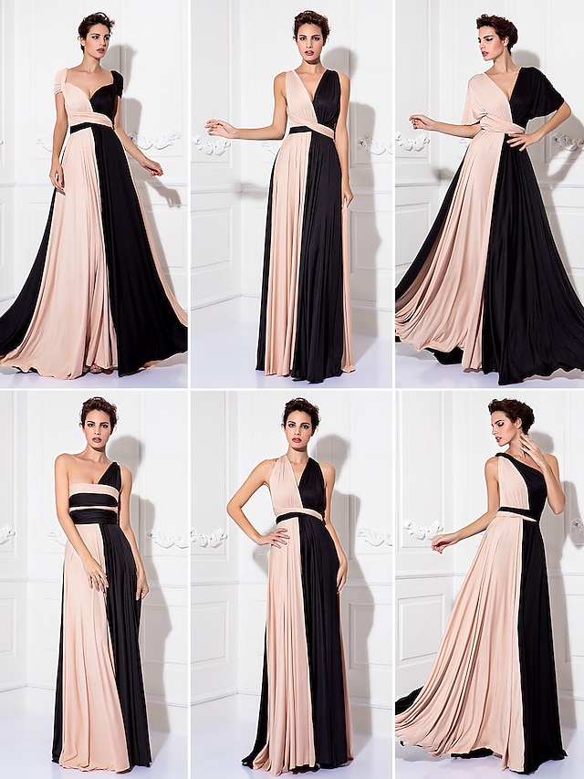  Sheath / Column Color Block Dress Holiday Cocktail Party Floor Length Sleeveless Y Neck Knit Crisscross Back with Sash / Ribbon Pleats 2024