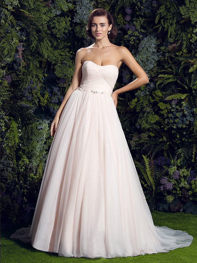  שמלות חתונה גזרת A לב (סוויטהארט) ללא שרוולים שובל קורט טול שמלות כלה עם כפתור בד בהצלבה 2023