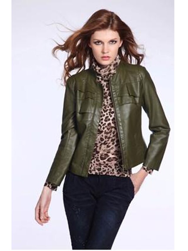  Women's Punk & Gothic Solid Colored Coat, PU Long Sleeve Stand Emerald / Slim