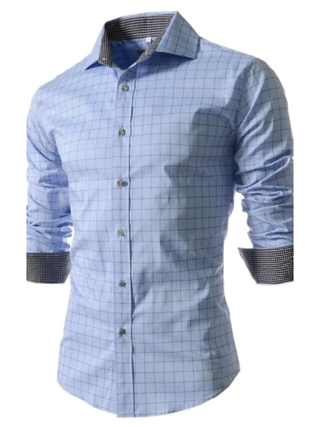  Men's Shirt Dress Shirt Plaid / Check Spread Collar White Dark Blue Light Blue Long Sleeve Plus Size Daily Work Print Slim Tops Streetwear Business / Spring / Fall