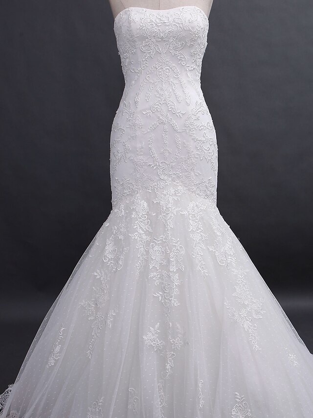  Fit & Flare Strapless Court Train Lace Made-To-Measure Wedding Dresses with Appliques by LAN TING BRIDE®