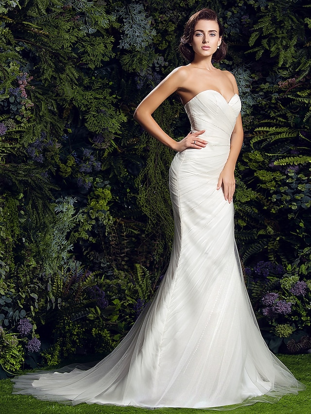  Vestidos de novia Funda / Columna Escote Corazón Tirantes Espagueti Cola barrida Tul Vestidos de novia Con En Cruz Recogido Lateral 2023