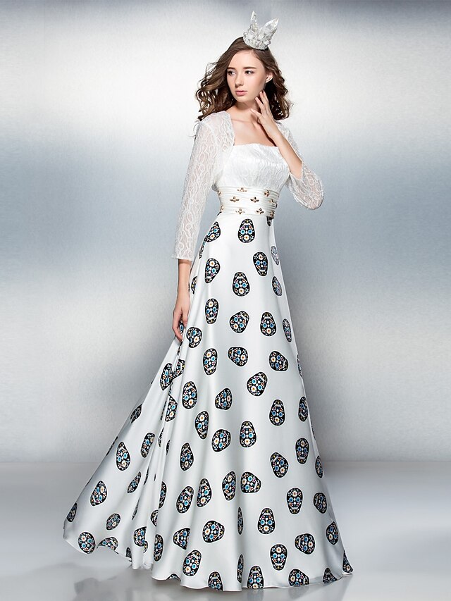  Ίσια Γραμμή Μοτίβο φόρεμα Φόρεμα Χοροεσπερίδα Επίσημο Βραδινό Μακρύ Αμάνικο Λεπτές Τιράντες Ελαστικό Σατέν με Δαντέλα Πιασίματα Χάντρες 2023