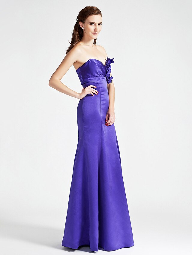  Mermaid / Trumpet Strapless Sweetheart Floor Length Satin Bridesmaid Dress with Flower Side Draping by LAN TING BRIDE®