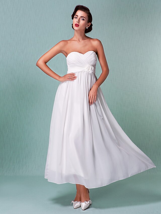  Sheath / Column Sweetheart Neckline Ankle Length Chiffon Made-To-Measure Wedding Dresses with Sash / Ribbon / Flower / Criss-Cross by LAN TING BRIDE®