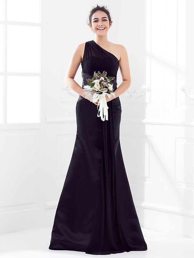  Mermaid / Trumpet Bridesmaid Dress One Shoulder Sleeveless Elegant Sweep / Brush Train Satin / Georgette with Sash / Ribbon / Ruched 2022