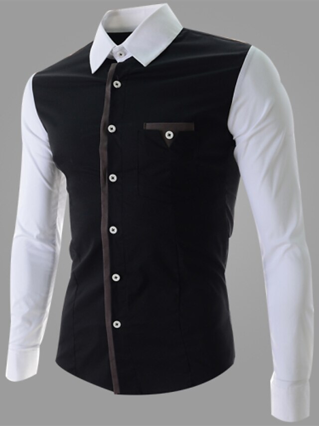  Reverie Men's Lapel Neck Contrast Color Leisure Long Sleeve Shirt