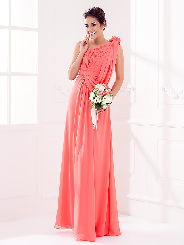  Sheath / Column One Shoulder Floor Length Georgette Bridesmaid Dress with Sash / Ribbon / Draping / Flower